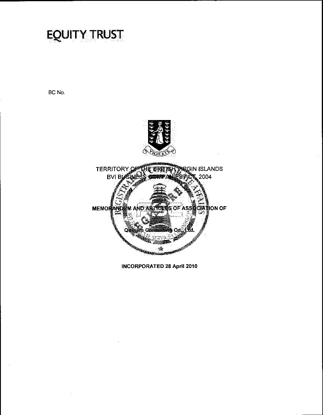 BVI Memorandum and Articles of Association