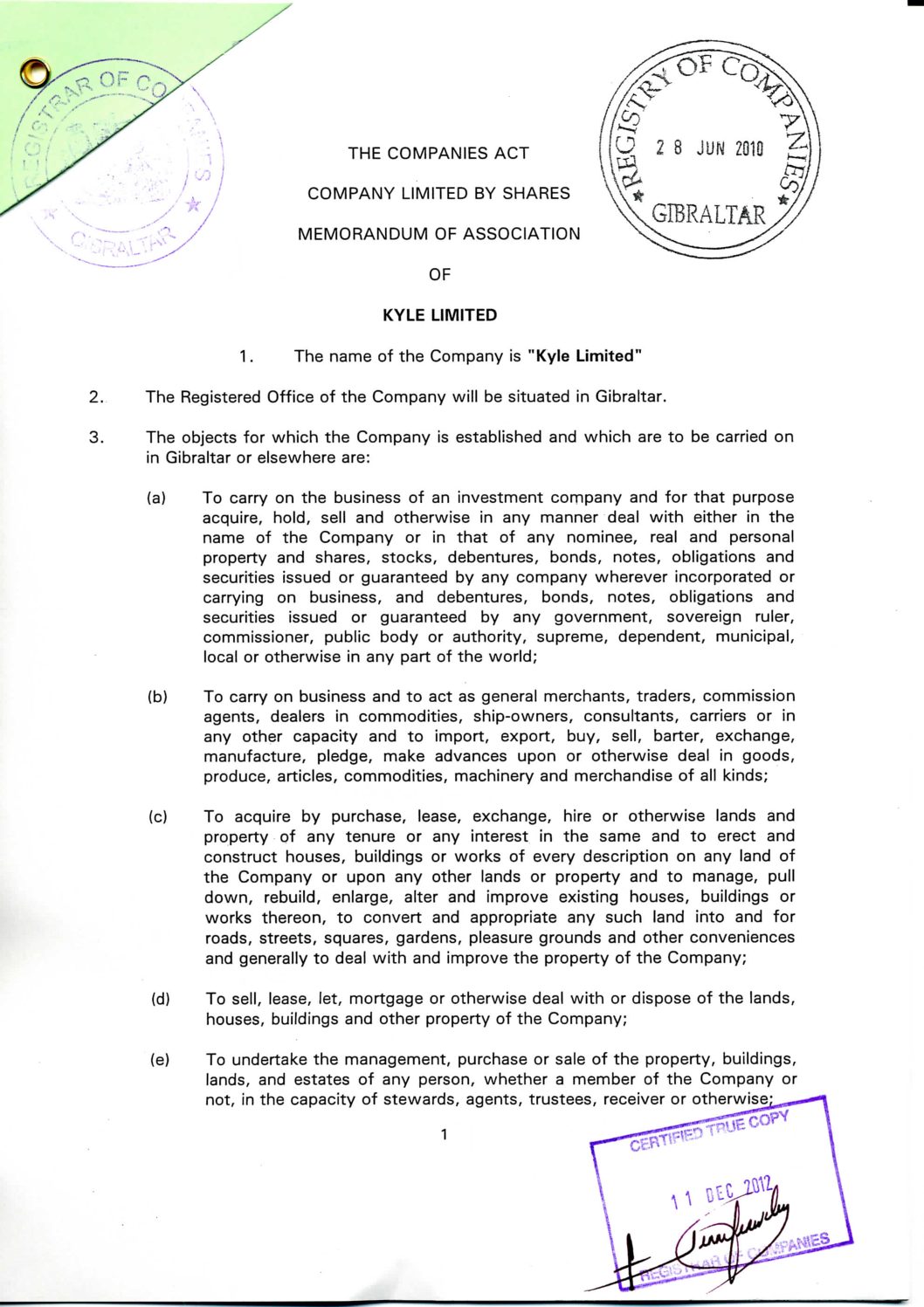 Gibraltar Memorandum and Articles of Association