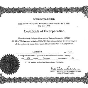 Belize Certificate of Incorporation