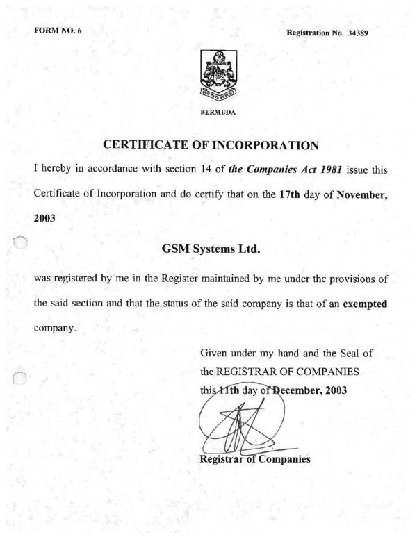 bermuda certificate of incorporation