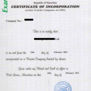 Mauritius Certificate of Incorporation
